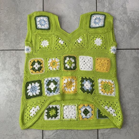New Handmade Granny Square Crochet Knit Sweater Vest Women L Colorful Boho Retro - Picture 2 of 7